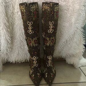 Colin Stuart Brown and Gold Heeled Boots with Victorian Design